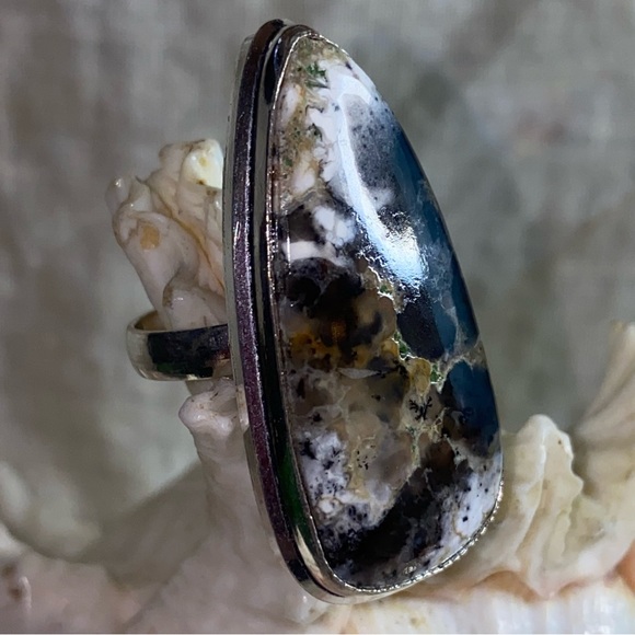 Exotic Dendritic Opal Handcrafted teardrop ring - Picture 5 of 8